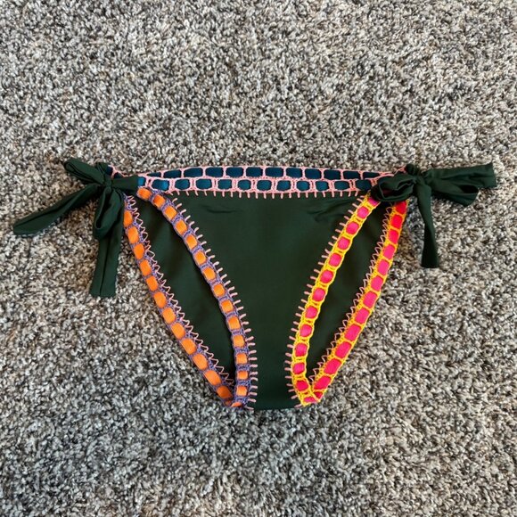 Platinum Swimwear Olive Green Multicolor Crochet Trim Bikini Bottom Size M - Picture 1 of 6